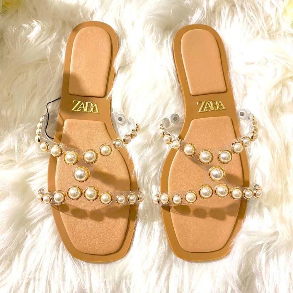 ZARA PEARLY VINYL SANDALS FLATS - Picture 5 of 8